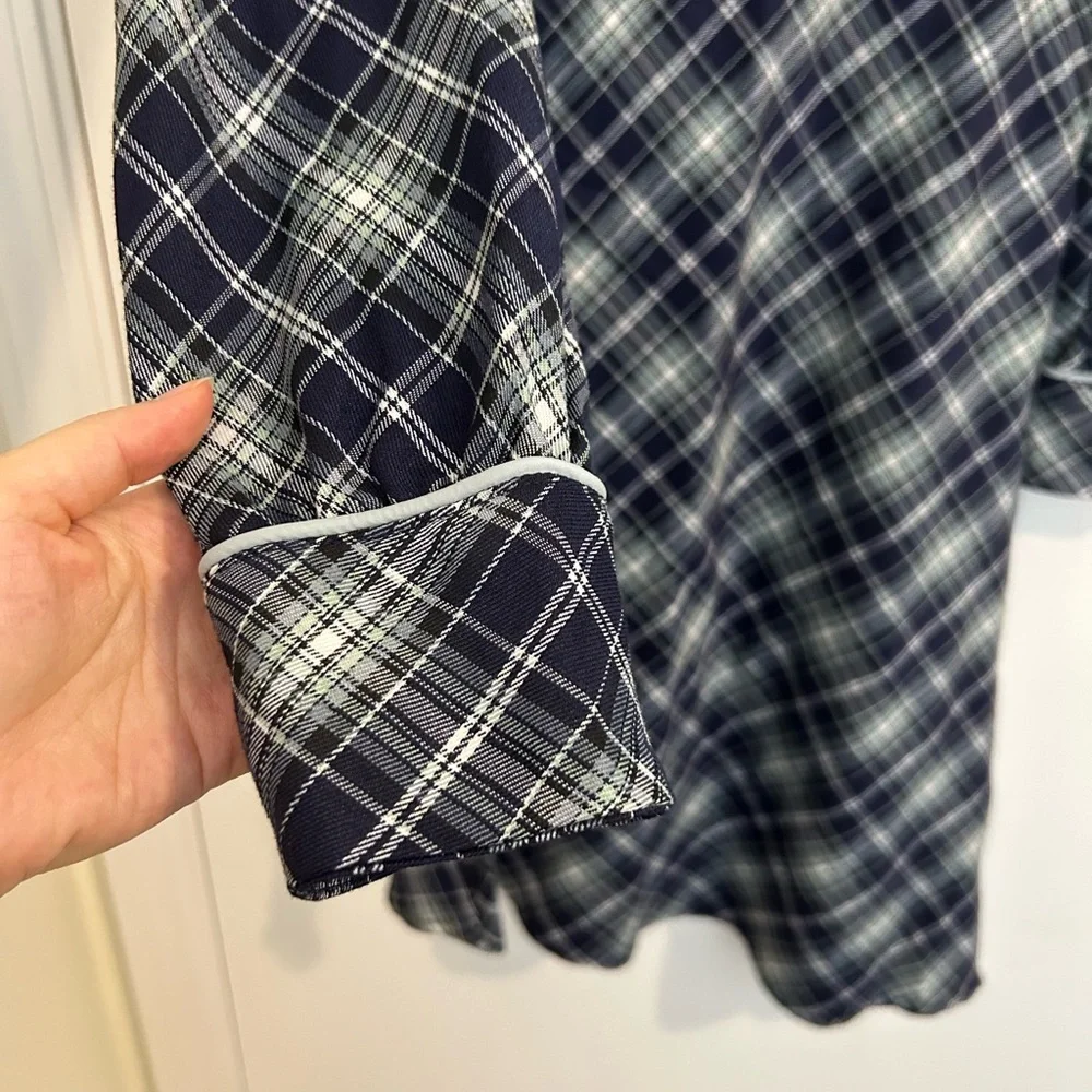 💙Vintage Cold-Shoulder Navy Plaid Midi Dress with Long Sleeves Like New size S - Picture 10 of 14